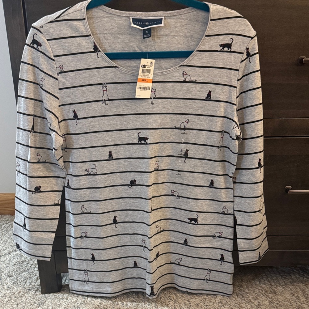 Karen Scott Heather Gray Striped Cat Tee